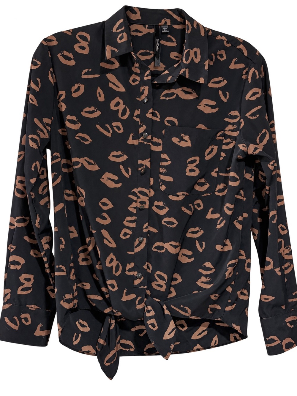 Bellatrix Lip Print Tie Front Button-Up Blouse – Black & Taupe | Size Medium